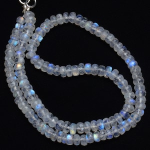 Natural Gemstone White Rainbow Moonstone 6MM Approx. Faceted Rondelle Beads 17&quot; Full Strand Super Flashing Blue Fire Fine Quality Necklace