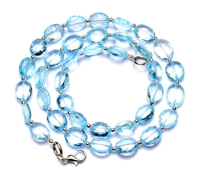 Natural Gemstone Sky Blue Topaz, Faceted Nugget Beads Necklace, 18 Inch Full Strand, 10x8mm Size Oval Beads