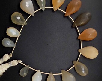 natural multicolor moonstone gem, 14x8 to 19x10 mm size teardrop shape beads, 6.5 inch strand