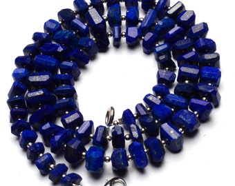 Natural Gem Afghanistan Lapis Lazuli Necklace, 7 to 10mm Size Faceted Nugget Beads, 22 Inch Full Strand, Intense Blue Color with Pyrite