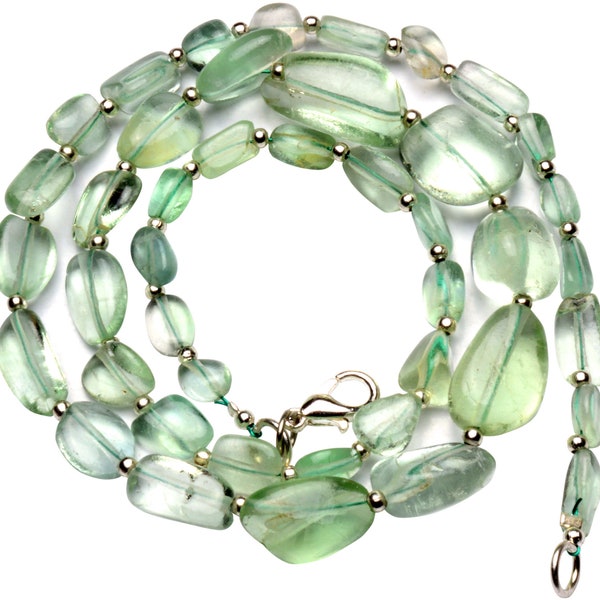 natural emerald green fluorite gemstone, 7 to 12 mm size nugget beads, 18 inch necklace