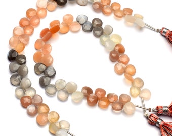 Briolette com pedra preciosa natural, pedra da lua multicolorida, formato de coração, 8 polegadas, fio inteiro, tamanho aproximado de 7 mm, contas polidas à mão de alta qualidade