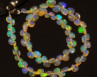 Natural Ethiopian Welo Opal Gem, Faceted Heart Shape Briolette Beads, 4 to 7mm Size, 13.5 Inch Full Strand, Rainbow Fire Opal Beads