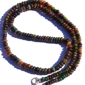 Ethiopian Opal Smooth 4 to 5MM Rondelle Beads Necklace 18 Inch Full Strand Smoke Heated Black Opal Super Multicolor Rainbow Fire