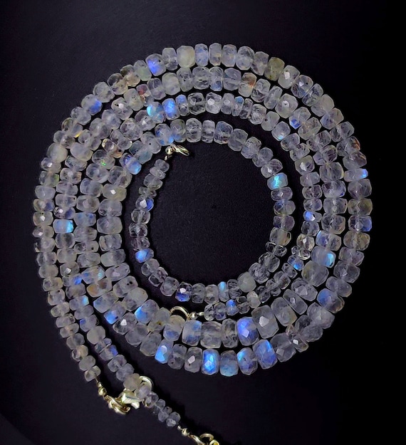 natural gem rainbow fire moonstone, 5 to 7 mm size faceted rondelle beads necklace, 16 inch length