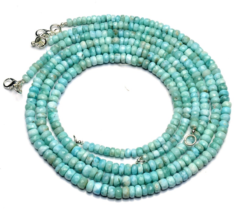 Super Rare Natural Gemstone Larimar 5 to 6.5MM Size Faceted Rondelle Beads Necklace 17.5 Inch Full Strand Super Fine Quality Gem Beads