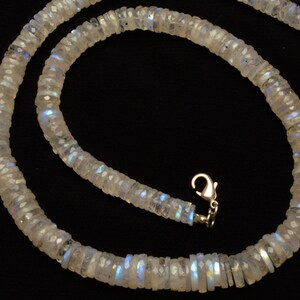 Natural Gemstone White Rainbow Moonstone 7 to 11MM Faceted Heishi Beads 18 Inch Full Strand Super Flashing Blue Fire Fine Quality