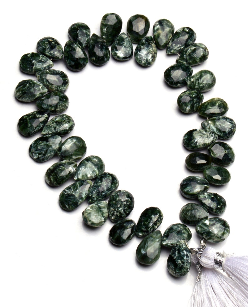 Natural Gem Seraphinite 12x9MM Approx Size Faceted Pear Shape Briolette Beads 9 Inch Full Strand Dark Green with Silvery Chatoyant Fibers