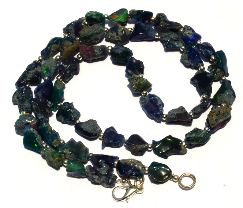 Natural Gem Ethiopian Black Fire Opal 7 to 8MM Broad and 8 to 11MM Long Rough Freeform Nugget Beads Necklace 21 Full Strand Smoke Heated