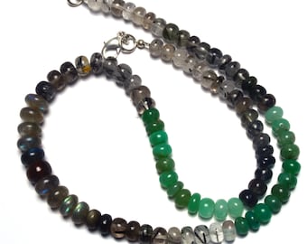 Natural Mix Semi Precious Gems 5 to 8MM Smooth Rondelle Beads 16.5" Full Strand Finished Necklace Chrysoprase Rutile Quartz Labradorite