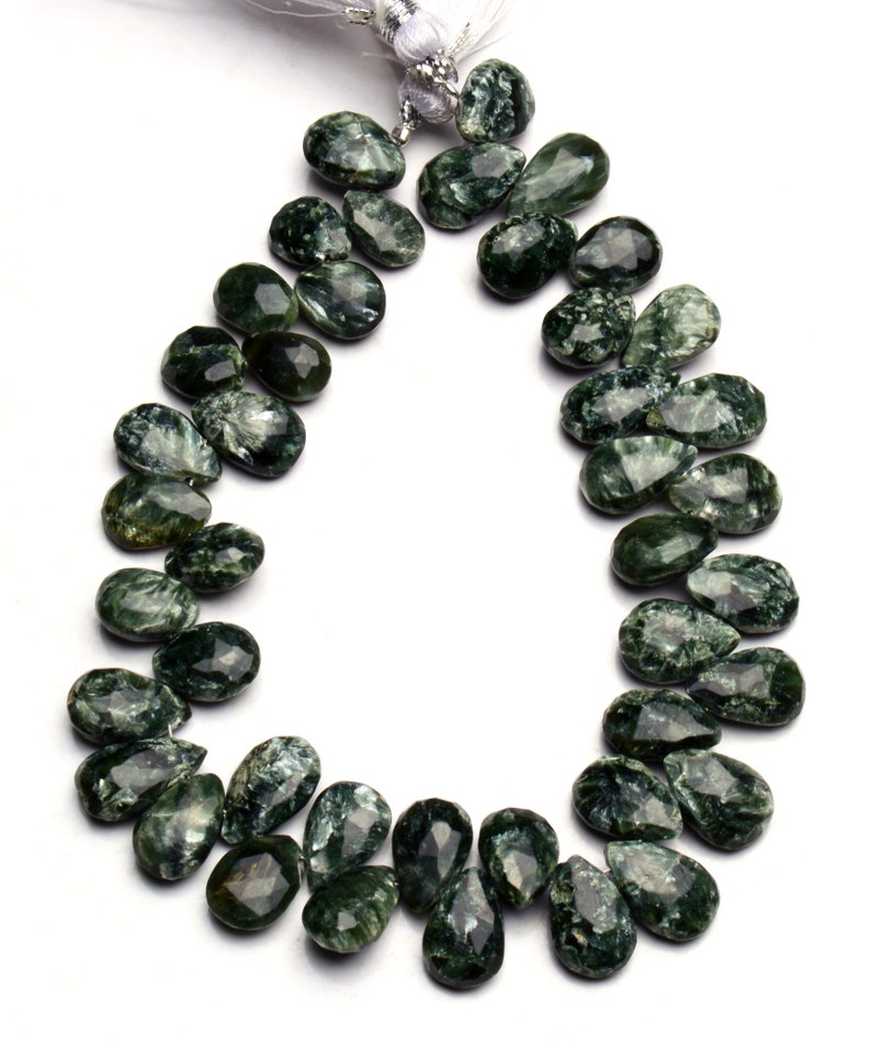 Natural Gem Seraphinite 12x9MM Approx Size Faceted Pear Shape Briolette Beads 9 Inch Full Strand Dark Green with Silvery Chatoyant Fibers