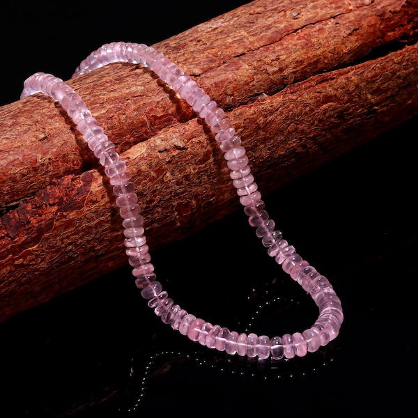 Natural Brazilian Rose Quartz Gemstone 7 to 8 mm Size Smooth Rondelle Shape Beads 17 Inch Necklace