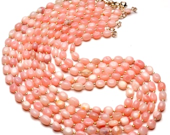 Halsband med naturlig ädelsten i peruansk rosa opal i flera storlekar, ovalt pärlhalsband med nuggetpärlor, 43 cm