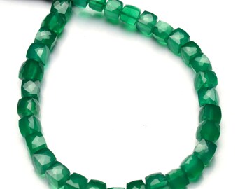 natural green onyx gemstone, 6.5mm approx. size faceted cube/box shape beads, 8.5 inch full strand, DIY jewelry