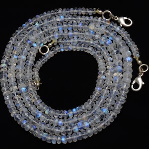 Natural Gemstone White Rainbow Moonstone 4 to 6MM Faceted Rondelle Beads 18 Inch Full Strand Super Flashing Blue Fire Fine Quality Necklace