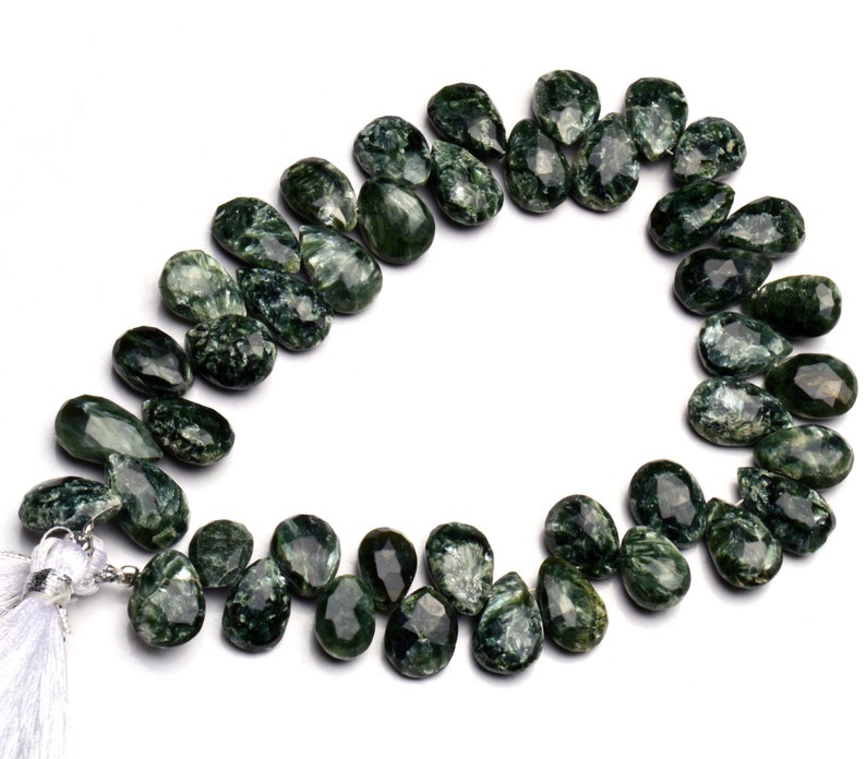 Natural Gem Seraphinite 12x9MM Approx Size Faceted Pear Shape Briolette Beads 9 Inch Full Strand Dark Green with Silvery Chatoyant Fibers