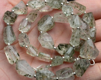 mica green tourmaline in quartz, faceted nuggets, 18 inch necklace, 8 to 17 mm size beads