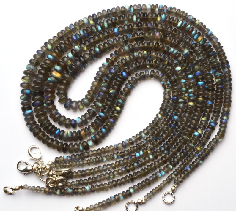 Natural Gem Flashing Blue Fire Labradorite 3-6MM Smooth Rondelle Beads 16 Full Strand Super Quality Strong Blue Flash Finished Necklace