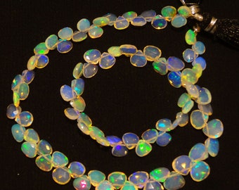 Natural Ethiopian Welo Opal Gem, Faceted Heart Shape Briolette Beads, 6 to 8mm Size, 14 Inch Full Strand, Rainbow Fire Opal Beads