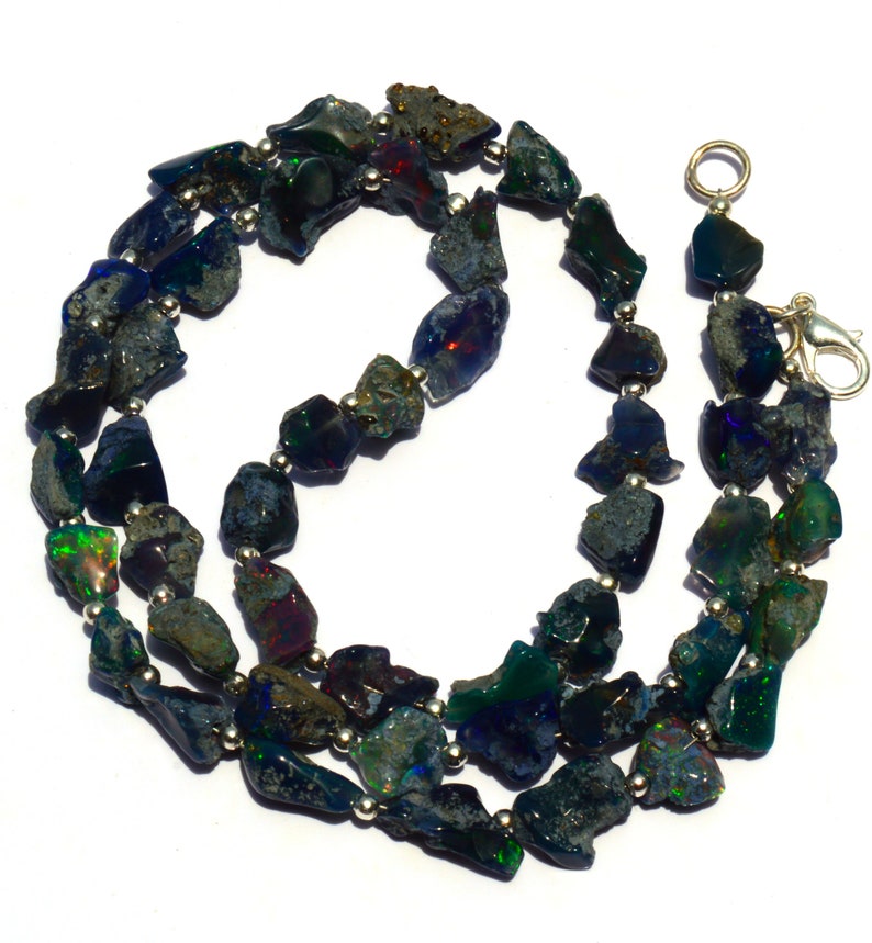 Natural Gem Ethiopian Black Fire Opal 7 to 8MM Broad and 8 to 11MM Long Rough Freeform Nugget Beads Necklace 21 Full Strand Smoke Heated