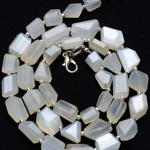 Natural Gem White Moonstone Faceted Beads Necklace, 7 to 9mm Broad and 8 to 12mm Long Size Freeform Nuggets, 18.5 Inch Full Strand