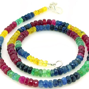 Natural Gemstone Emerald Ruby Sapphire 4.5 mm Size Faceted Rondelle Beads 16 Inch Necklace