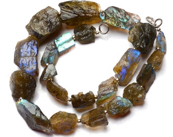 Collier Labradorite Facettée Pépites Tube Arc-en-ciel Feu Naturel 13-15mm - 270 Carats