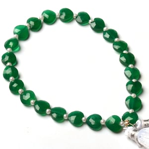 Natural Green Onyx Gem, Faceted 8 mm Size Heart Shape Beads, 8 Inch Strand