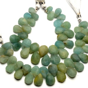 natural rough aquamarine gemstone beads, 13x9 to 14x11 mm size unpolished pear shape, 7 inch strand