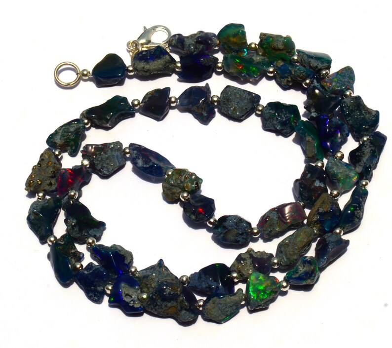 Natural Gem Ethiopian Black Fire Opal 7 to 8MM Broad and 8 to 11MM Long Rough Freeform Nugget Beads Necklace 21 Full Strand Smoke Heated