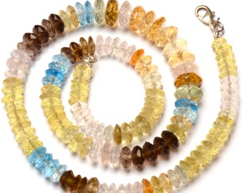 Multicolour Quartz Gemstone 7 to 10 mm Size Faceted German cut Rondelle Beads 17.5" Necklace