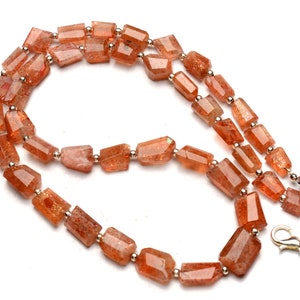 Natural Gemstone Sunstone Necklace, Faceted Freeform Nugget Beads, 18 Inch Full Strand, 6 to 9mm Broad and 8 to 11mm Long Size Beads