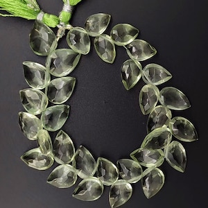 natural prasiolite green amethyst gem, tree of life leaves shape beads, 10x7 to 11x8 mm size briolette, 7 inch strand