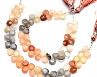 Briolette com pedra preciosa natural, pedra da lua multicolorida, formato de coração, 8 polegadas, fio inteiro, tamanho aproximado de 7,5 mm, contas polidas à mão de alta qualidade