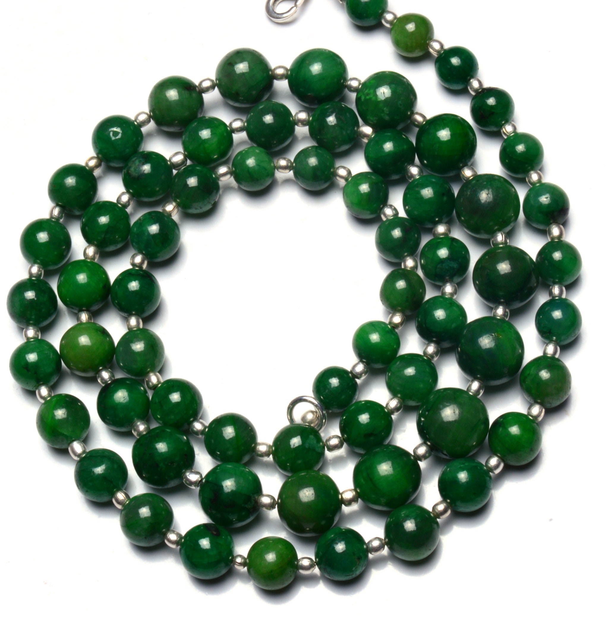 天然宝石エメラルド スムース 7～11mm ラウンドビーズネックレス 27