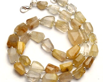 golden rutile quartz from Brazil, faceted nuggets, 19.5 inch necklace, 9 to 15 mm size beads