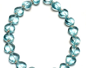 Blue topaz color quartz, 8 mm size straight drill beads, carved heart shape, 8 inch strand