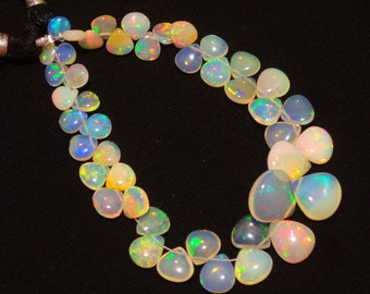 Natural Ethiopian Welo Opal Gem, Smooth Heart Shape Beads, 6 to 12mm Big Size, 8 Inch Full Strand, Rainbow Fire Opal Beads