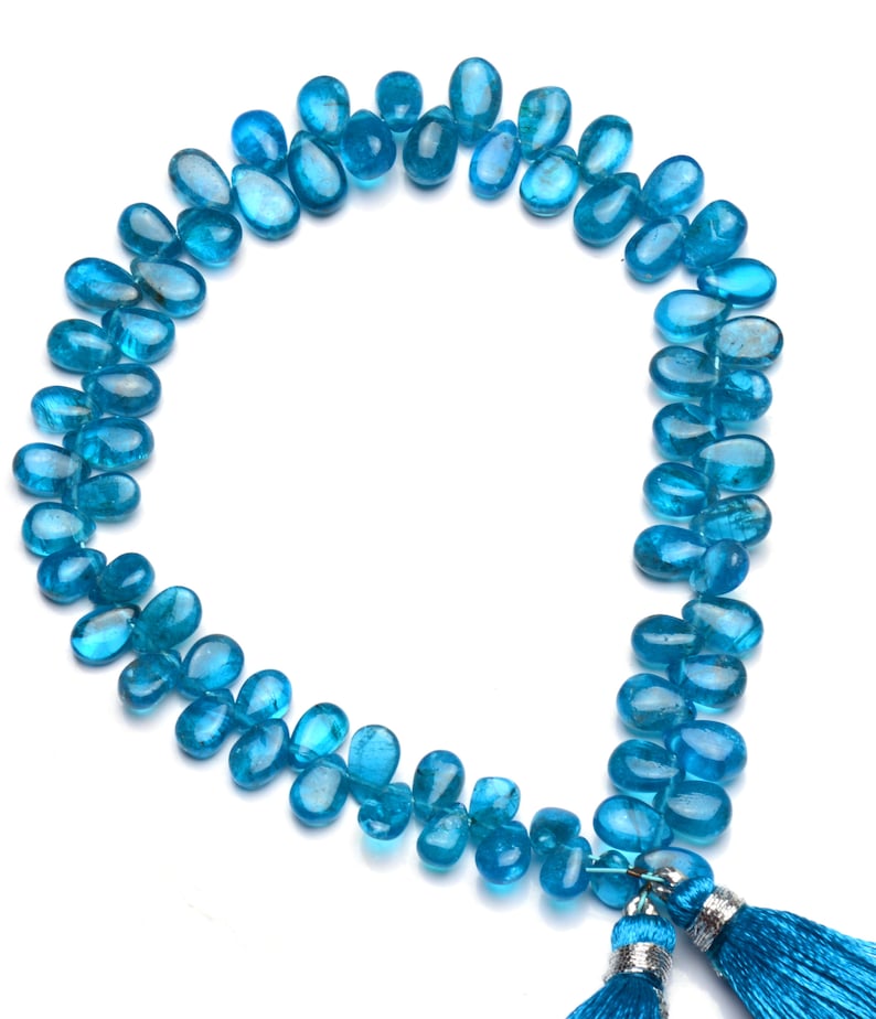 8 full strand neon blue apatite 6x4 to 8x5mm size smooth pear shape briolette beads natural gemstone blue gem beads for jewelry making