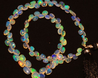 Natural Ethiopian Welo Opal Gem, Faceted Heart Shape Briolette Beads, 5 to 7mm Size, 14.5 Inch Full Strand, Rainbow Fire Opal Beads