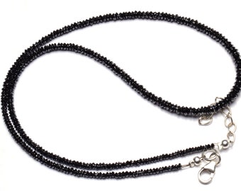 Natural Super Quality Black Diamond Beads Necklace 16" Full Strand 2 to 3.5MM Size Disc Shape Faceted Rondelle Beads Necklace Silver Clasp