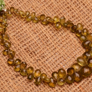 natural gem green apatite, 5 to 12 mm size faceted briolette beads, 10 inch full strand