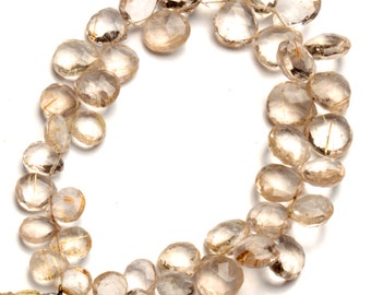 Natural Gemstone Golden Rutile Quartz Heart Shape Briolette 8.5 Inch Full Strand 7 to 10 mm Size Faceted Beads
