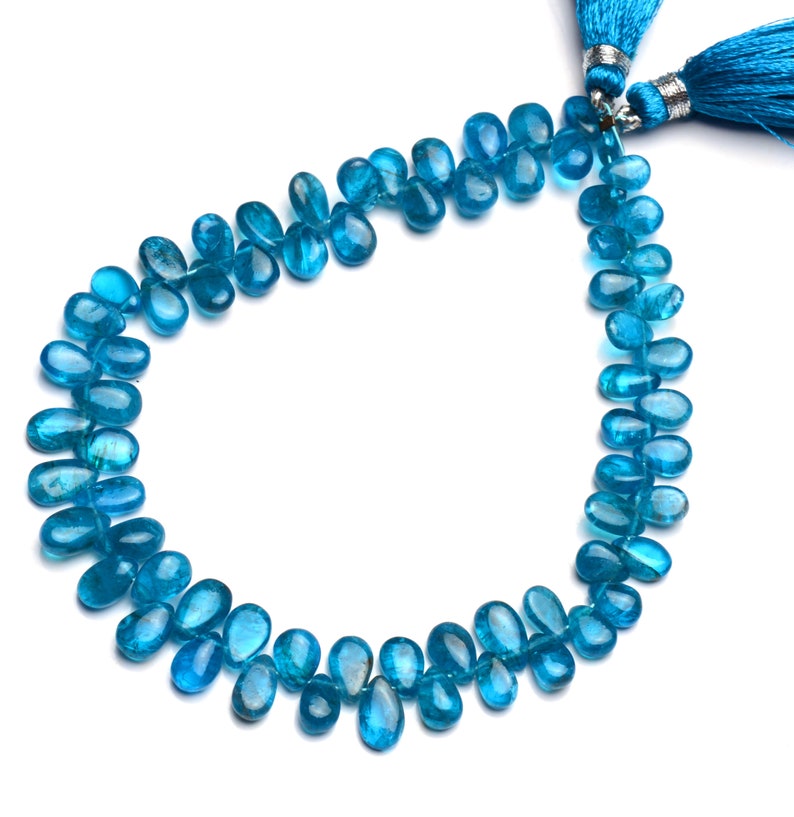 8 full strand neon blue apatite 6x4 to 8x5mm size smooth pear shape briolette beads natural gemstone blue gem beads for jewelry making