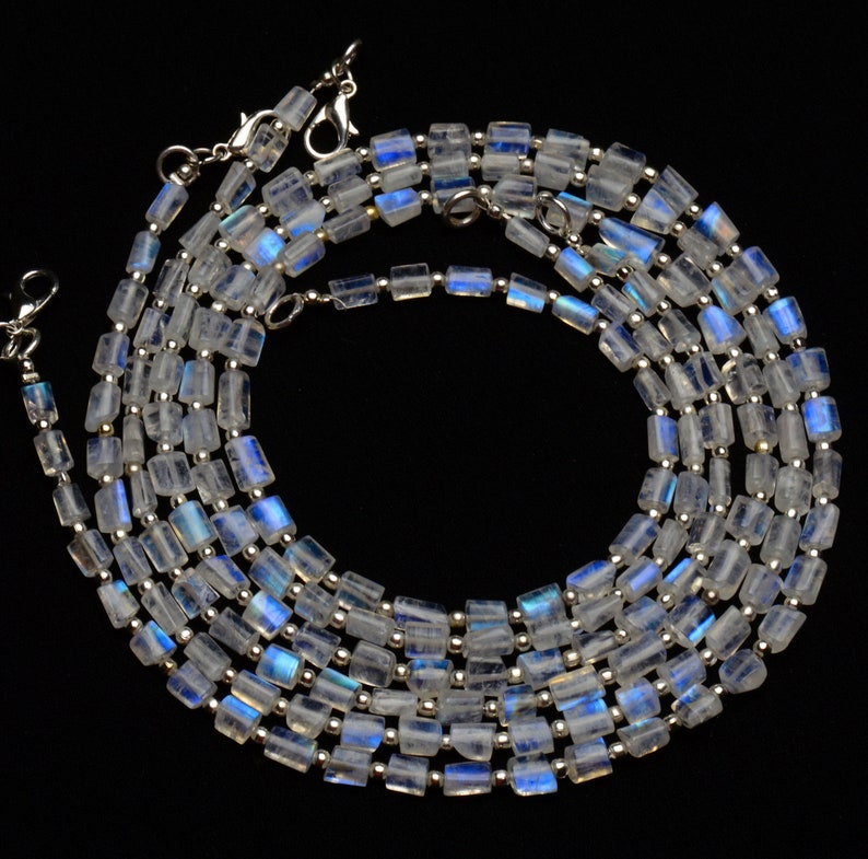 natural gemstone rainbow moonstone AAA quality blue fire beads 18 inch necklace 5 to 6mm broad and 5 to 7mm long size nugget beads