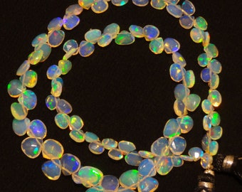 Natural Ethiopian Welo Opal Gem, Faceted Heart Shape Briolette Beads, 5 to 8mm Size, 14.5 Inch Full Strand, Rainbow Fire Opal Beads