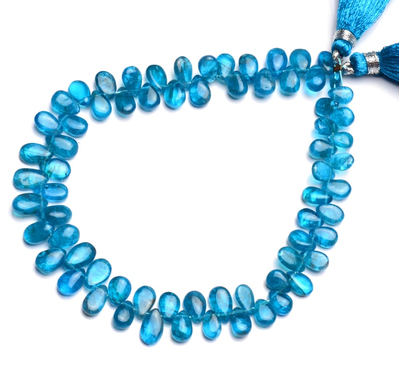 8 full strand neon blue apatite 6x4 to 8x5mm size smooth pear shape briolette beads natural gemstone blue gem beads for jewelry making