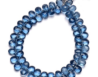 London Blue Topaz Color Hydro Quartz Faceted 7x5mm Pear Shape Briolette Beads 7&quot; Full Strand Deep Blue Color Super Fine Quality