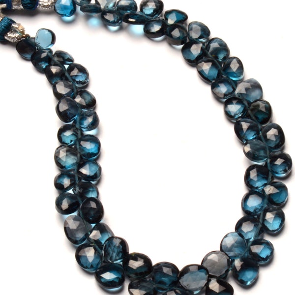 natural London blue topaz gemstone, faceted heart briolette, 6 mm size beads, 8 inch full strand