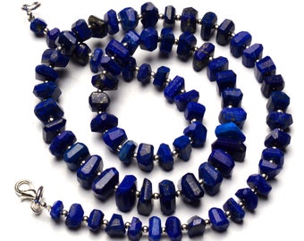 Natural Gem Afghanistan Lapis Lazuli Necklace, 7 to 10mm Size Faceted Nugget Beads, 22 Inch Full Strand, Intense Blue Color with Pyrite